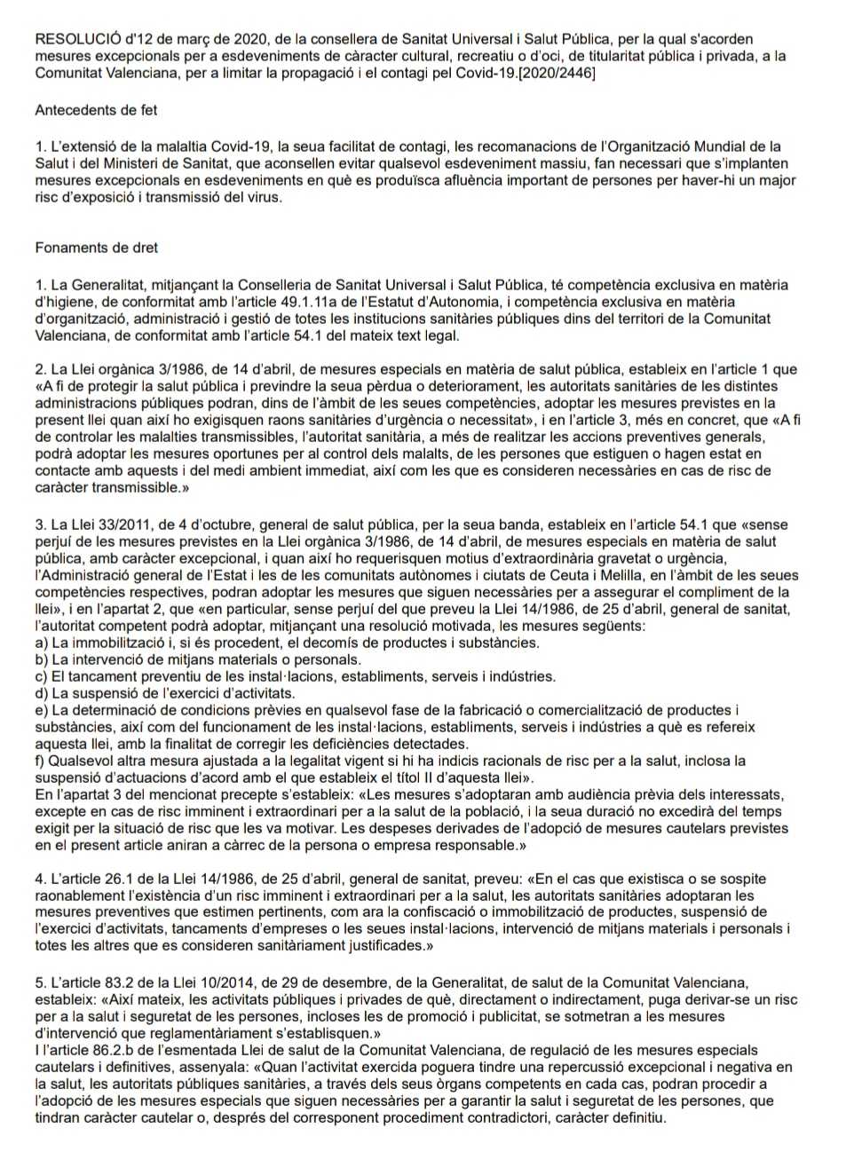COVID-19: Últims acords Generalitat Valenciana en Matèria Esportiva