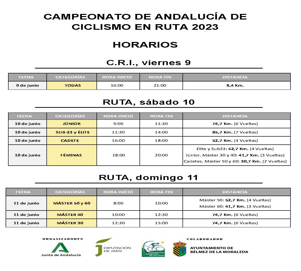 Los Campeonatos de Andalucía Ruta y Contrarreloj 2023 se disputarán en Bélmez de la Moraleda