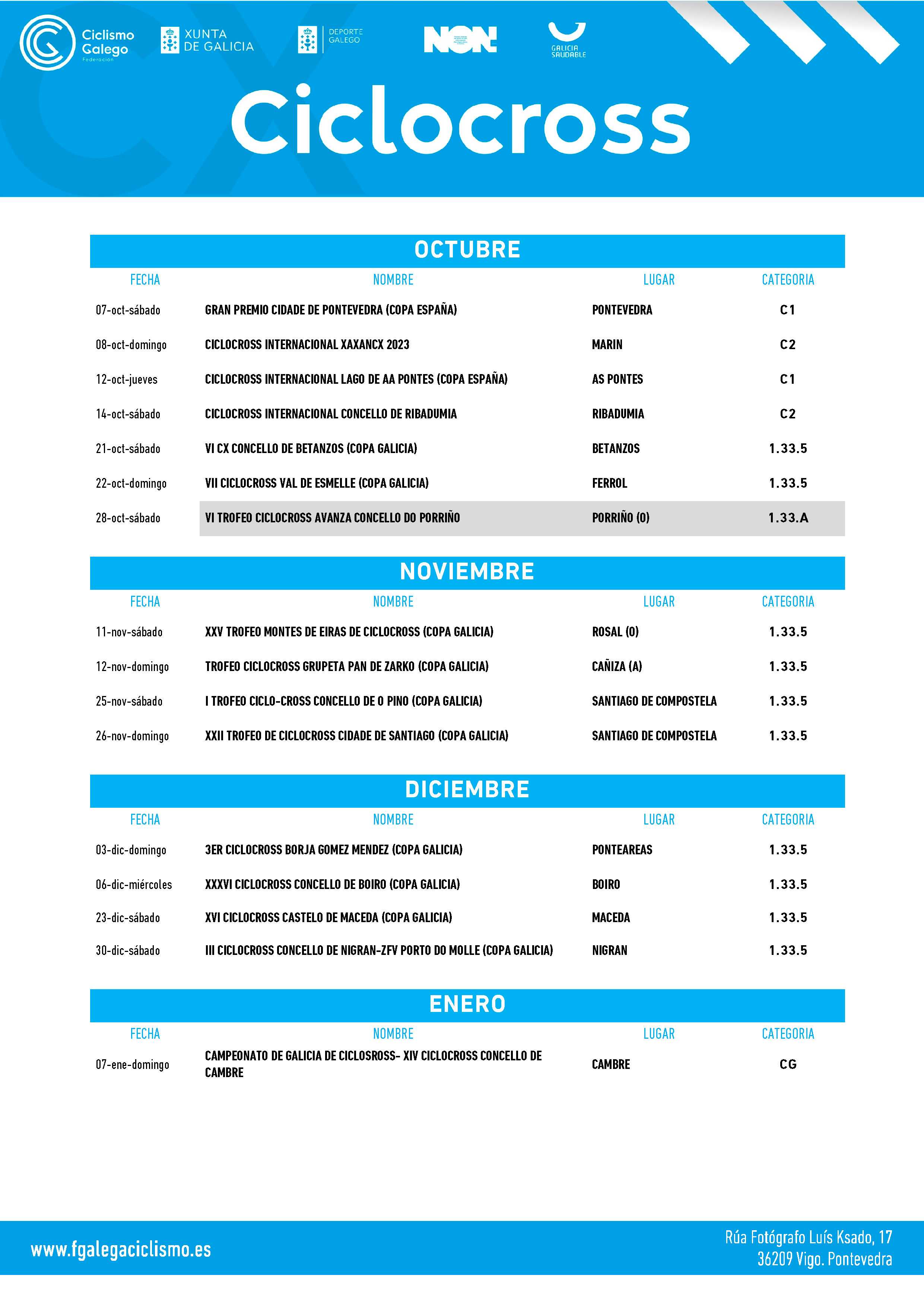 Calendario do ciclocrós galego 2023-2024