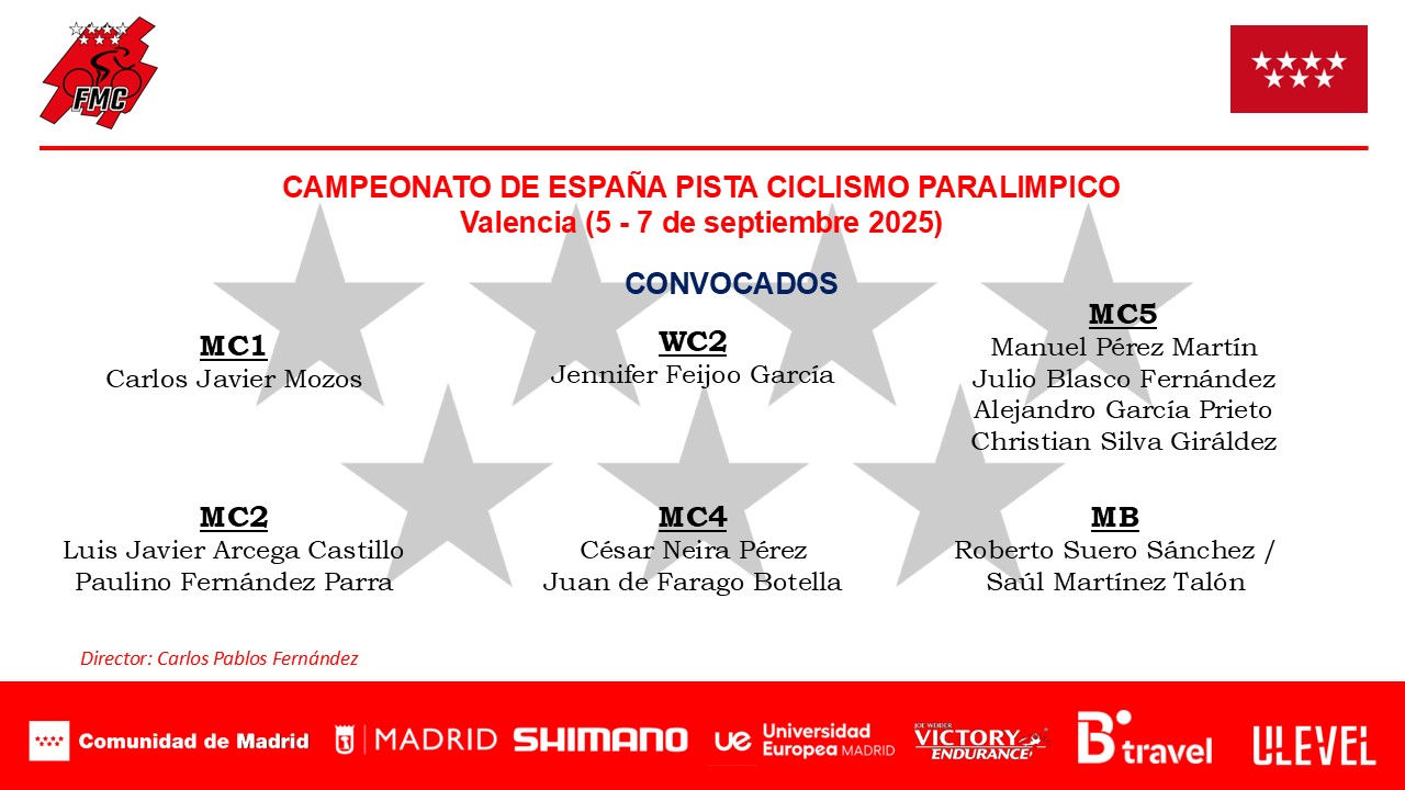 CONVOCADOS PARA EL CAMPEONATO DE ESPAÑA DE PISTA ELITE/SUB23 Y CICLISMO PARALIMPICO
