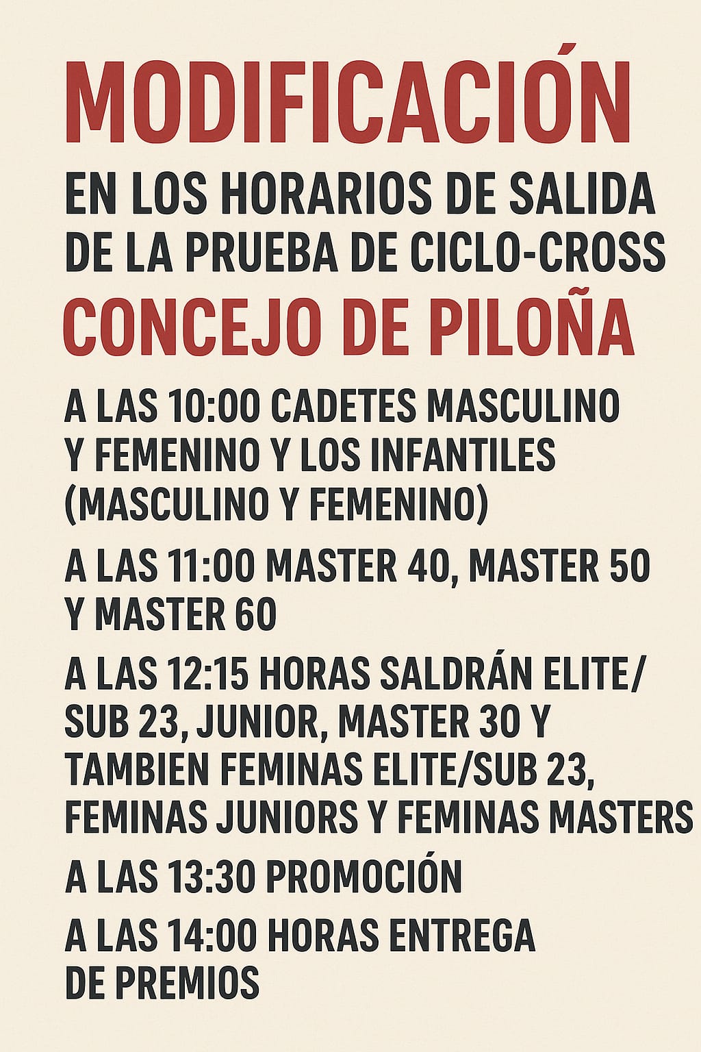 MODIFICACIÓN DE HORARIOS – CICLO-CROSS CONCEJO DE PILOÑA